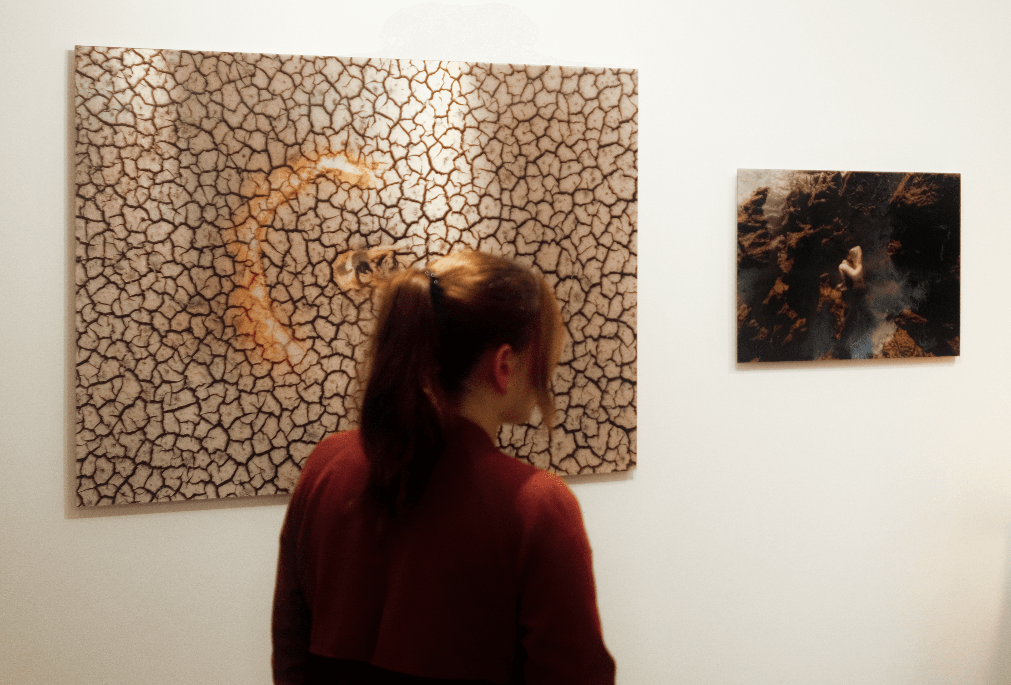 Soraia observing artwork in a gallery